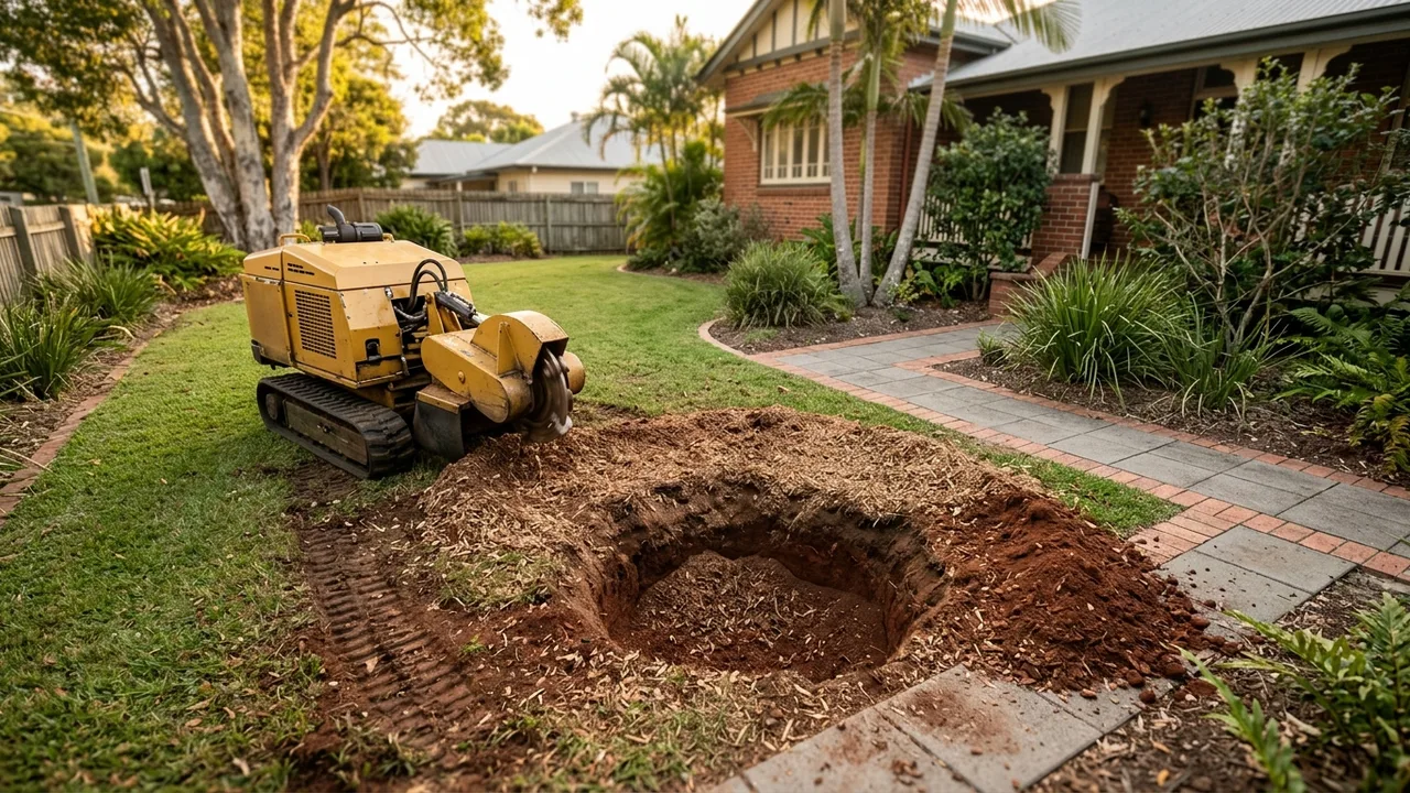 Brisbane stump grinding context shot for "How Deep Does Stump Grinding Actually Need to Go?"