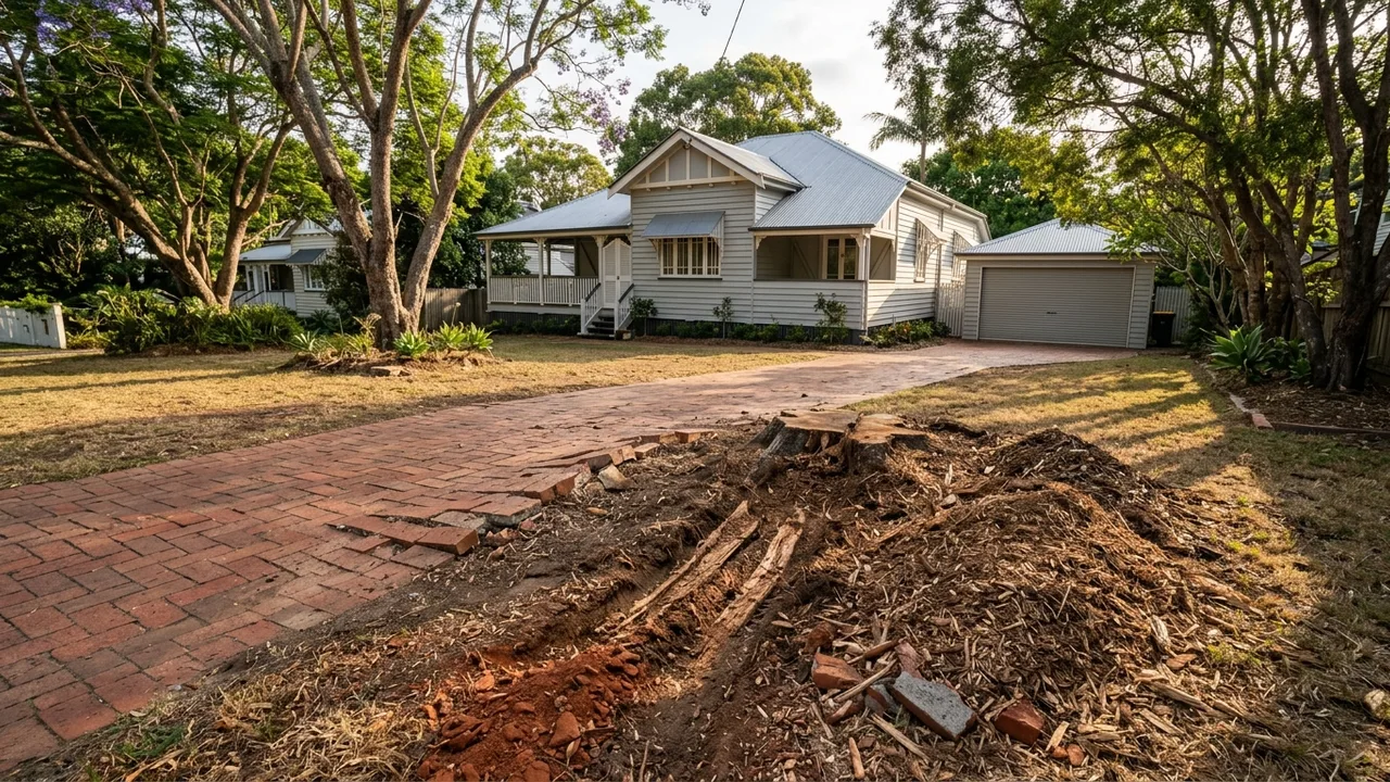 Brisbane stump grinding context shot for "How Tree Roots Damage Driveways and Pipes in the Western Suburbs"