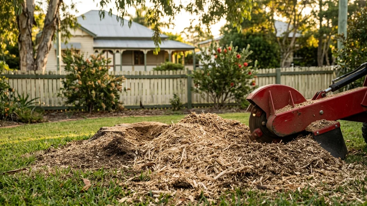 Brisbane stump grinding detail relevant to "What Can You Do With the Mulch Left Behind After Stump Grinding?"