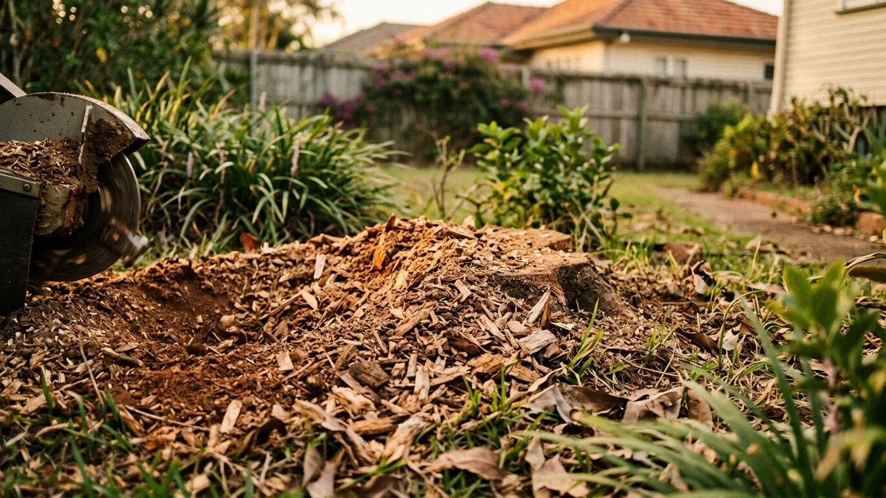 Brisbane stump grinding detail relevant to "What Should You Do With the Wood Chips After Stump Grinding?"